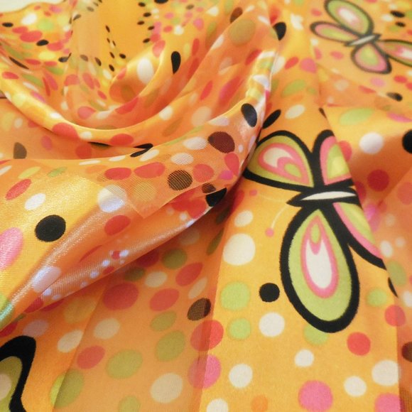Scarf 19.5" Square Satin Chiffon Orange Polka Dot Butterflies Print - Picture 1 of 5